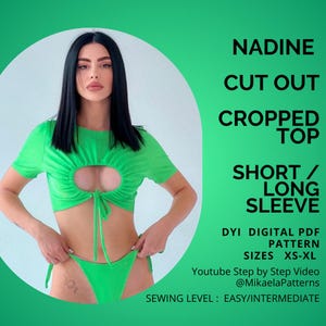 Patrón de top corto en PDF, patrón de top corto recortado NADINE en PDF, top corto, patrón de costura xs-xl, pole dance, trajes de baño, papel A4 o carta de EE. UU.