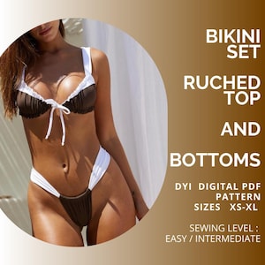 Patrón de bikini en PDF, conjunto de bikini fruncido con parte superior e inferior de banda gruesa, patrón de bikini en PDF, patrón de bikini de costura tallas XS-XL, papel tamaño carta/A4.