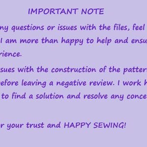 May include: A light purple background with dark purple text. The text reads "IMPORTANT NOTE" followed by a message about assistance with files and patterns. The message ends with "HAPPY SEWING!" and the name "Mikaela".