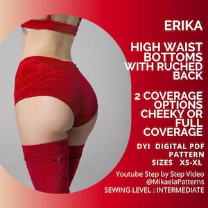 PDF Pattern ERIKA High Waisted Bottoms with Ruched Back, Bikini Sewing Pattern,Pattern, xs - xl, Pole Dance Pattern, A4 Paper or us letter