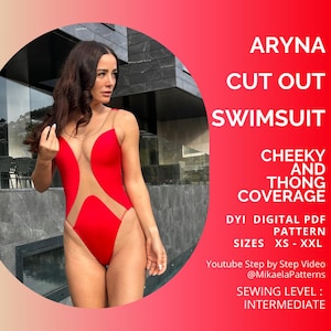 Puede incluir: Un traje de baño rojo con diseño recortado y cobertura atrevida y tanga. El traje de baño presenta un panel transparente y tirantes finos. La imagen incluye texto que dice "ARYNA CUT OUT SWIMSUIT" y "DIY DIGITAL PDF PATTERN". Tallas XS-XXL. Nivel de costura: Intermedio.