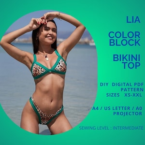 Puede incluir: Un conjunto de bikini con estampado de leopardo y bordes verdes sólidos. El texto dice: LIA COLOR BLOCK BIKINI TOP, DIY DIGITAL PDF PATTERN, SIZES XS-XXL, A4 / US LETTER / A0 PROJECTOR, SEWING LEVEL: INTERMEDIATE.