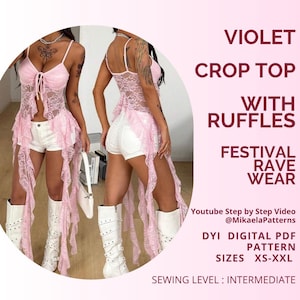 PDF Sewing Pattern Crop Top Long Ruffles, Rave Festival Wear, XS-XXL, A4/usLetter/A0