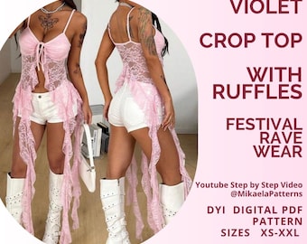 PDF Sewing Pattern Crop Top Long Ruffles, Rave Festival Wear, XS-XXL, A4/usLetter/A0