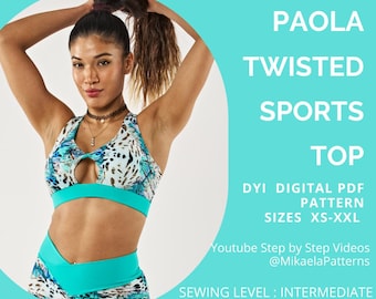 Patrón de costura en PDF para top deportivo retorcido, ropa deportiva, tallas XS-XXL, A4/carta estadounidense, A0