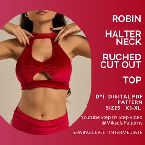 Patrón PDF ROBIN Top con cuello halter fruncido y corte en la espalda abierta, Patrón PDF, Patrón de costura xs-XL, Ropa deportiva, Ropa de pole dance, A4 o Carta de EE. UU.