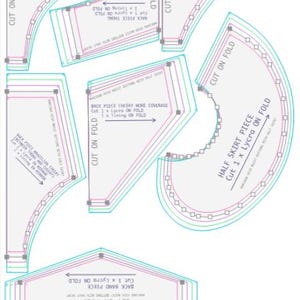 May include: A sewing pattern with various garment pieces, including a front piece, back piece, and half skirt piece. The pattern includes text indicating the number of pieces to cut and the fabric type, such as Lycra and lining. The pieces are outlined in multiple colors.