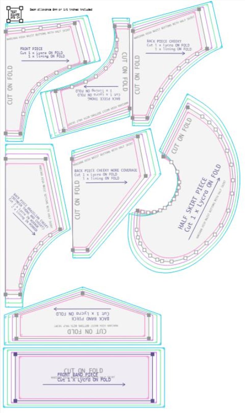 May include: A sewing pattern with various garment pieces, including a front piece, back piece, and half skirt piece. The pattern includes text indicating the number of pieces to cut and the fabric type, such as Lycra and lining. The pieces are outlined in multiple colors.