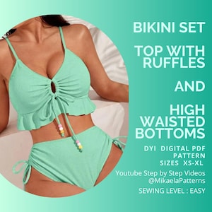 Patrón PDF CONJUNTO BIKINI Top con Volantes y Braguita de Cintura Alta, Patrón de Costura Conjunto Bikini, Patrón xs - xl, Bikini, Papel A4 o Carta EE. UU.