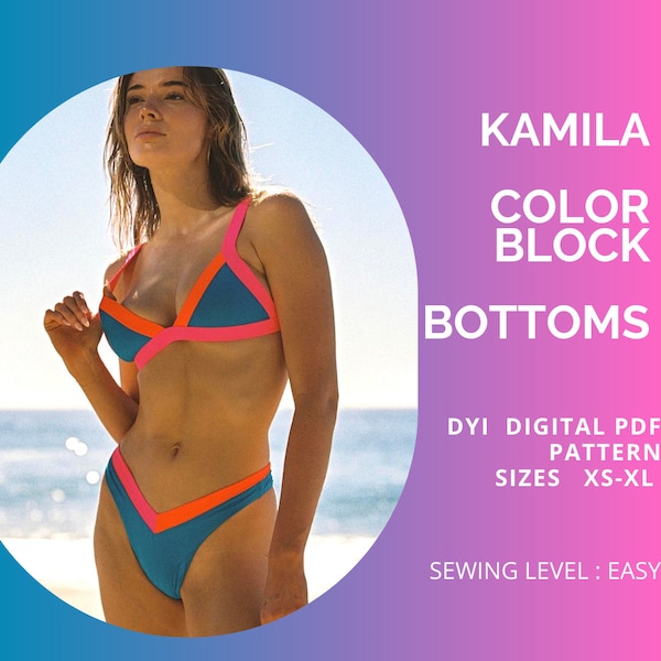 PDF KAMILA Bikini Schnittmuster V-Form Böden, Bikini Schnittmuster, Color Block Band Unterteil Schnittmuster, Größe Xs - XL, Bikini Hose Schnittmuster Pdf