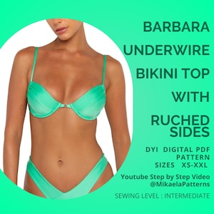 May include: A mint green underwire bikini set with ruched sides. The top has adjustable straps and a classic underwire design. The image includes the text "BARBARA UNDERWIRE BIKINI TOP WITH RUCHED SIDES" and "DYI DIGITAL PDF PATTERN".