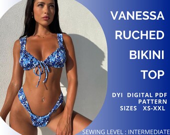 Patrón bikini PDF, top bikini fruncido VANESSA, patrón bikini pdf, top fruncido, patrón de costura xs - XL, patrón trajes de baño, estampado carta o A4