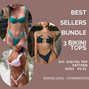 Patrón de bikini en PDF, tops más vendidos, patrón de bikini en PDF, top fruncido, patrón de costura (tallas XS-XL), patrón de traje de baño, papel tamaño carta/A4