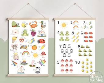 May include: Two educational wall art prints. One features the alphabet with illustrated words like "bee" and "crab." The other displays numbers 1-10 with corresponding images, including suns, rainbows, and ladybugs. Both are designed with a wooden hanger.