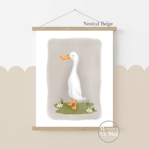 May include: A digital illustration of a white duck with an orange beak standing on a green patch of grass with white flowers. The background is a light beige color. The text "Neutral Beige" is at the top of the image.