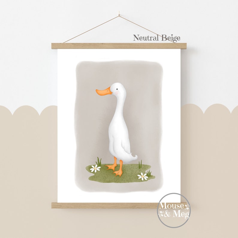 May include: A digital illustration of a white duck with an orange beak standing on a green patch of grass with white flowers. The background is a light beige color. The text "Neutral Beige" is at the top of the image.