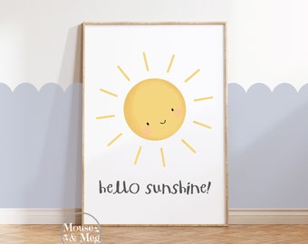 Hello Sunshine Print, Sun, Wall Art, Nursery Print, Children&#39;s Print, Kids Bedroom, Playroom, Nursery, Boho, Cute, Scandi
