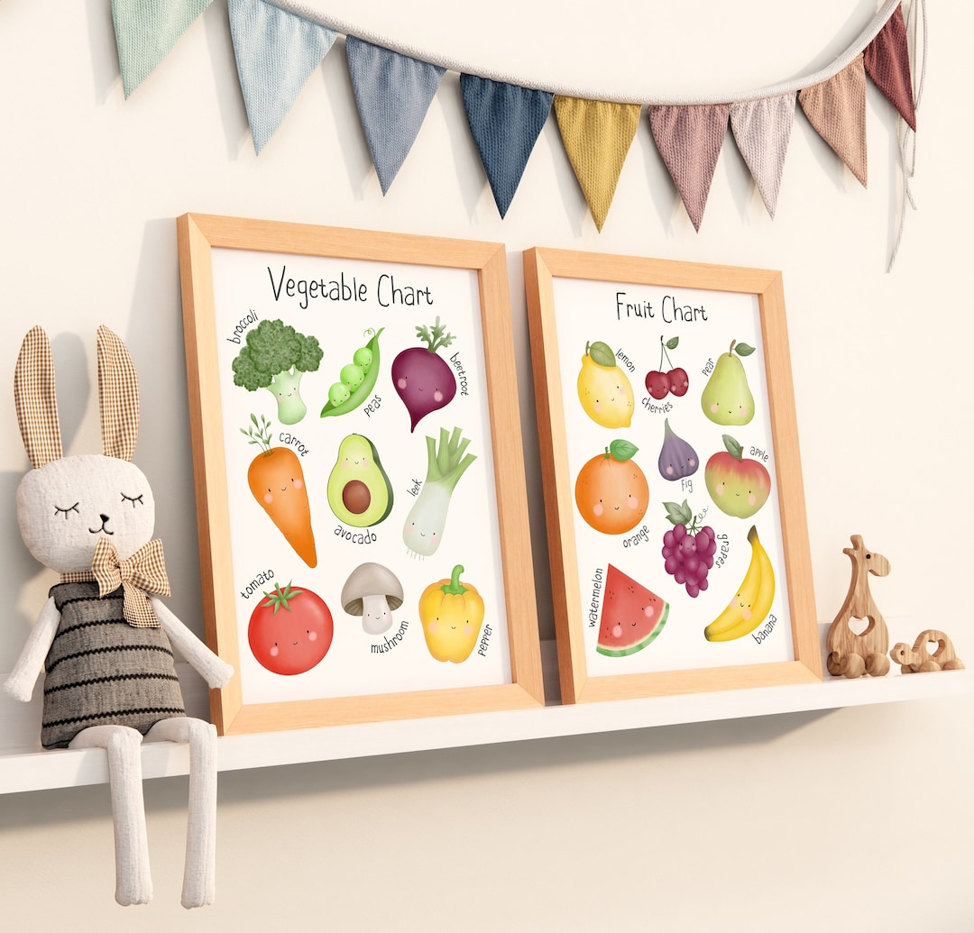 Fruit & Vegetable Chart Print, Set of 2, Educational, Wall Art