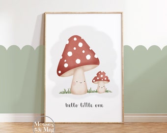 Hello Little One Print, Woodland Theme, Toadstools, Muted Colours, Wall Art,  Print, Children's Print, Kids Print, New Baby, Scandi