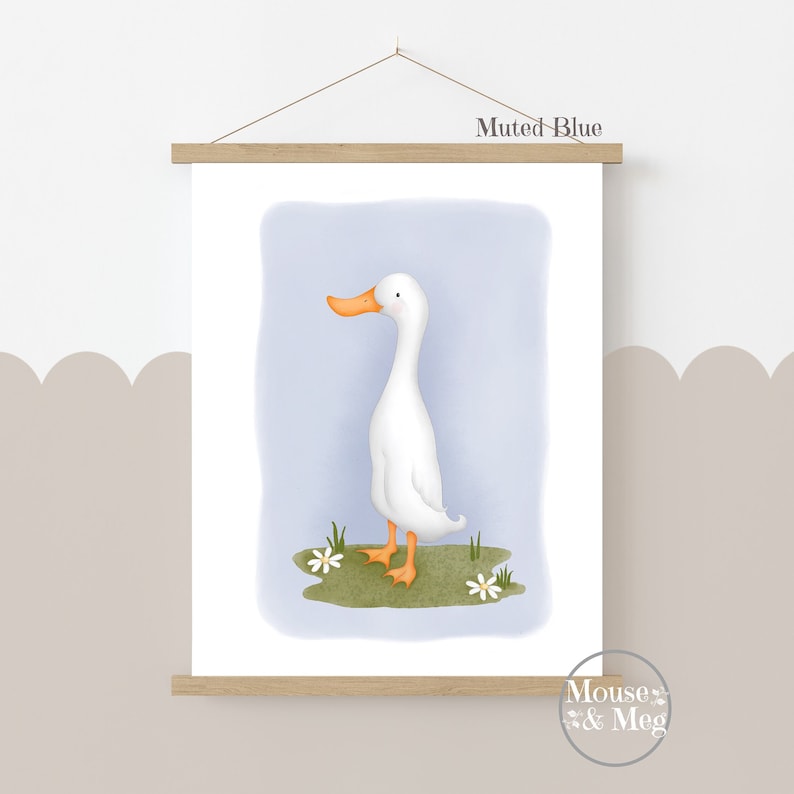 May include: A digital illustration of a white duck with an orange beak standing on a patch of green grass with white flowers. The background is a muted blue color. The text "Muted Blue" is at the top of the image.