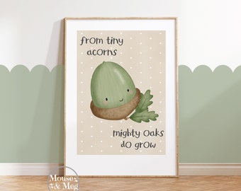 De Tiny Acorns: Impresión de bosque, cita de Mighty Oaks, arte de pared, impresión de guardería, dormitorio infantil, decoración neutra, guardería de bosque, decoración forestal,