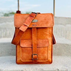 Mochila de cuero genuino para portátil: bolso bandolera de viaje