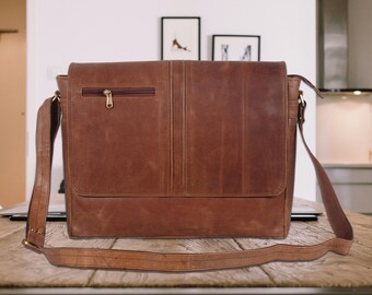 Personalized Leather Briefcase: Men's Laptop Messenger Bag