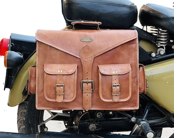 Brown Leather Motorcycle Saddlebag: Large Pannier Bag, Royal Enfield Accessory tool bag