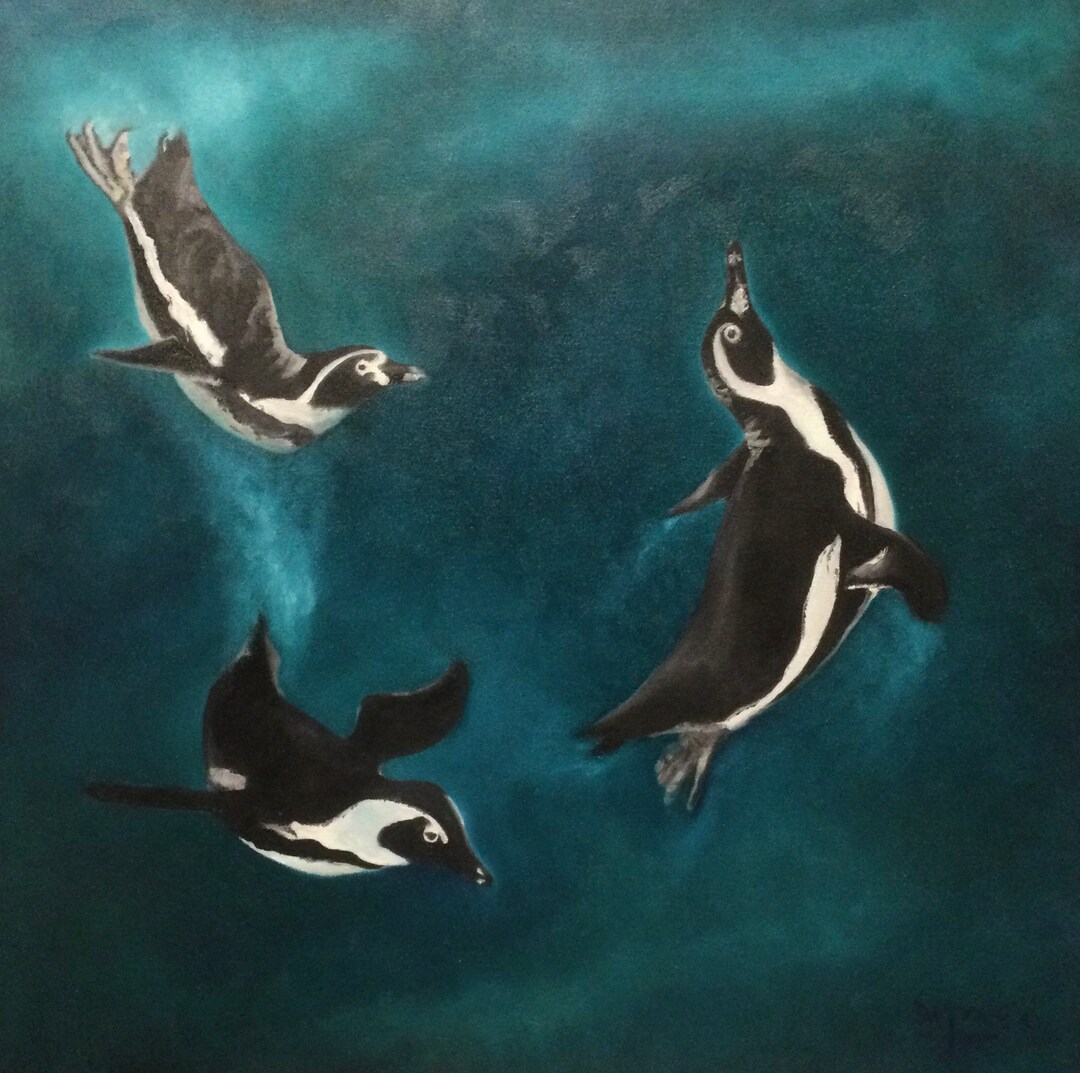 Original Oil Painting of Three Jackass Penguins Dancing in the Sea Etsy