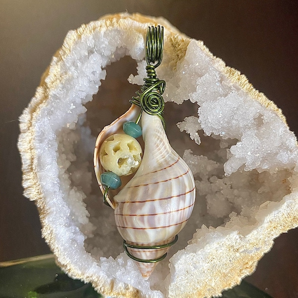 Green Wire Wrapped Banded Tulip Seashell Pendant