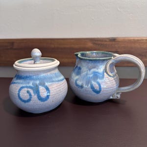 Vintage 1992 Frank Massarella Blue Glazed Pottery Creamer & Sugar Set Ojai, CA