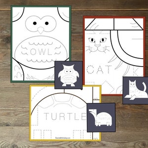 Puede incluir: Hojas de trabajo imprimibles en blanco y negro para que los ni&ntilde;os tracen las letras del alfabeto y practiquen la escritura de las palabras "b&uacute;ho", "gato" y "tortuga".