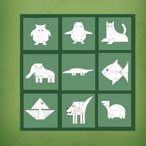 Puede incluir: Una cuadr&iacute;cula verde con nueve cuadrados, cada uno con un contorno blanco de un animal u objeto. Los animales y objetos son: b&uacute;ho, ping&uuml;ino, gato, elefante, caim&aacute;n, pez, velero, perro y tortuga. Cada animal u objeto tiene su nombre escrito dentro del contorno.