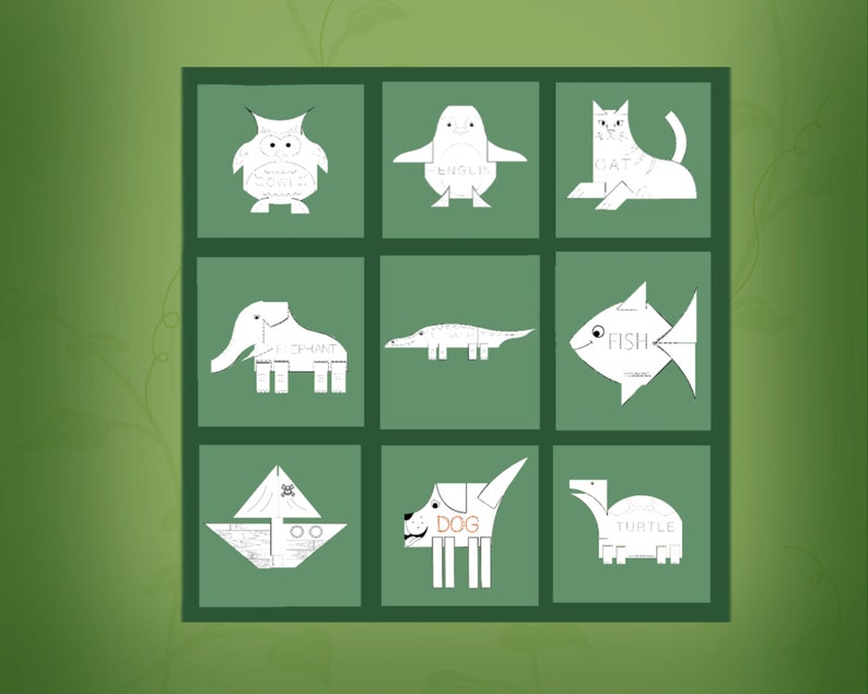 Puede incluir: Una cuadr&iacute;cula verde con nueve cuadrados, cada uno con un contorno blanco de un animal u objeto. Los animales y objetos son: b&uacute;ho, ping&uuml;ino, gato, elefante, caim&aacute;n, pez, velero, perro y tortuga. Cada animal u objeto tiene su nombre escrito dentro del contorno.