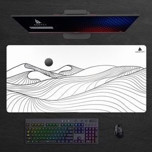 Mountain Desert Line Art Black Desk Mat, White Topographic Desk Pad, Gaming Mousepad | ADDYCT Gaming