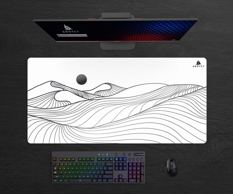 Mountain Desert Line Art Black Desk Mat, Black Topographic Desk Pad, Gaming Mousepad ADDYCT Gaming image 2