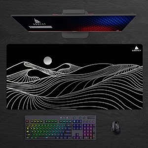 Mountain Desert Line Art Black Desk Mat, Black Topographic Desk Pad, Gaming Mousepad ADDYCT Gaming image 1