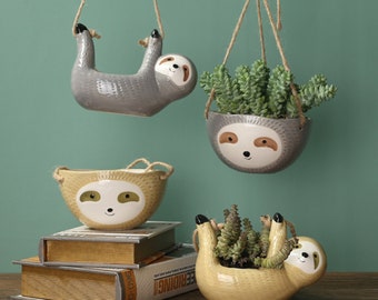7Penn Grey Sloth Ceramic Planter Pot Hanging Indoor Ceramic Flower Pot 