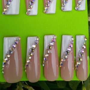 White Nails White Wedding Nails White French White Prom Nails Rhinestones Vacation Nails White Party Theme Outfit Bridesmaids Bride Nails