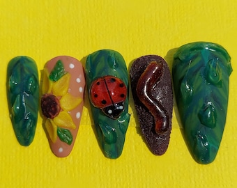 3D Bug Garden Press On Nails, Kawaii Insect Nail Art