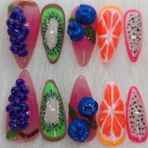 Fruit Nails Summer Party Wedding Vacation Nail Fruit Kawaii Nails Kiwi Grape Blueberry Dragonfruit Gift for Fruit Lover Salon Nails at Home