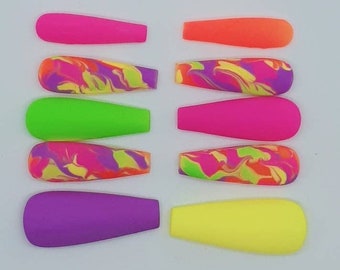 Neon Bright Vibrant Nails Rainbow Nails Luau Tropical Vacation Cruise Nails Summer Nails 80’s 90’s Throwback Party Nails Salon Nails at Home