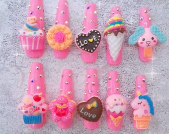 Junk Nails Kawaii Press on Nails Ice Cream Cake 3DCharm Nails Cupcake Pink Kawaii Unicorn Nails Pink Rhinestone Sparkle Press on Nails XXL