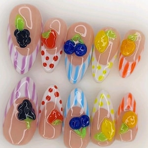 Fruit Nails Summer Party 3D Custom Nails Vacation Nail Fruit Kawaii Nails Grape Blueberry Lemon Gift for Nail Lover Salon Nails at Home