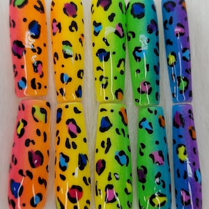 Cheetah Print Neon 80s Party Nails 90s Retro Nails Rainbow Nails Bright Retro Nails Neon Nails Animal Print Party Nails Old School Nails