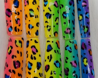 Cheetah Print Neon 80s Party Nails 90s Retro Nails Rainbow Nails Bright Retro Nails Neon Nails Animal Print Party Nails Old School Nails