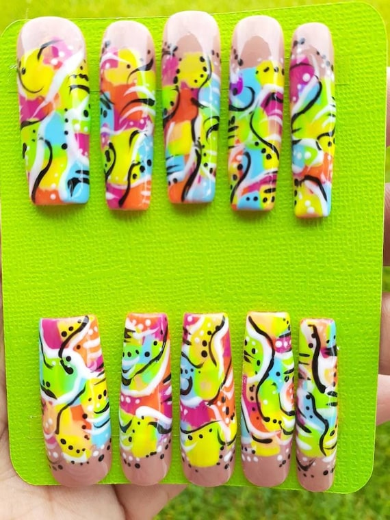 Freaknik Nails| 90s Nails| Rainbow Nails| Retro Nails| Neon Nails| Unique Nails| Party Nails| Glue on Nails| Colorful Nails| Made to order