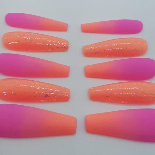 Pink Press on Nails Pink Orange Ombre Press in Nails Orange Nails Glitter Nails Matte Press on Nail Pastel Press on Nails Pink Spring Nails