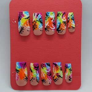 Freaknik Nails| 90s Nails| Rainbow Nails| Retro Nails| Neon Nails| Unique Nails| Party Nails| Glue on Nails| Colorful Nails| Made to order Medium Square
