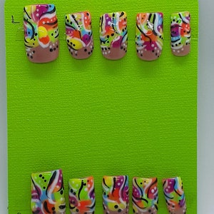 Freaknik Nails| 90s Nails| Rainbow Nails| Retro Nails| Neon Nails| Unique Nails| Party Nails| Glue on Nails| Colorful Nails| Made to order Short Square
